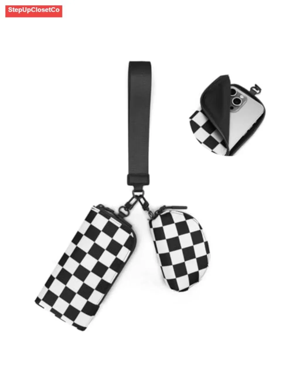 Checkered Dual Pouch Wristlet Wallet for Women, Nylon Zip Around Wallet with